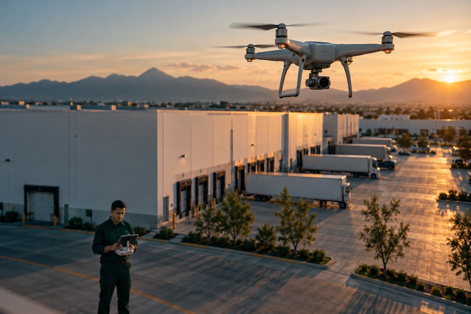 Dron de Vytora inspeccionando techos y andenes de una nave industrial durante un Análisis de Riesgo 360